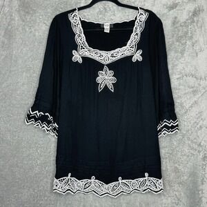 Studio 1940 18 20 1X Shirt Top Black Solid Bell 3/4 Sleeve Square Neck Beaded